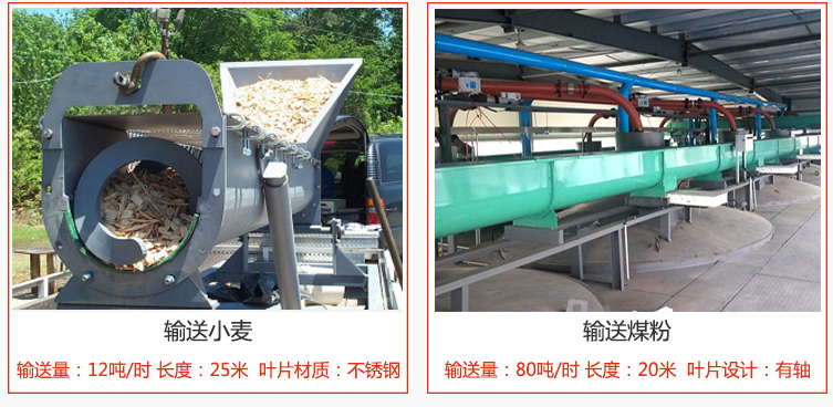 絞龍螺旋輸送機(jī)輸送小麥輸送量在12噸/時(shí)，長(zhǎng)度為25米，葉片采用不銹鋼材質(zhì)；輸送水泥輸送量在80噸/時(shí)，長(zhǎng)度為20米，葉片設(shè)計(jì)為有軸。