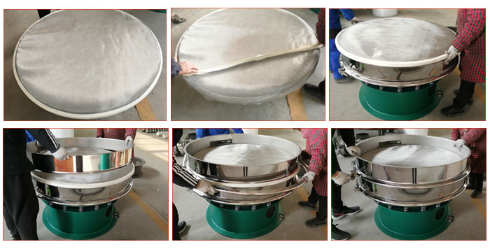 食品振動篩網(wǎng)安裝步驟3，將密封圈安裝到網(wǎng)架周圍，將篩框放到網(wǎng)架上，并利用束環(huán)將上下兩層篩框固定在一起。