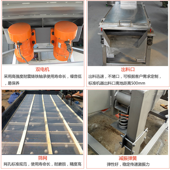 線振動(dòng)篩配件優(yōu)勢(shì)：雙電機(jī)采用高強(qiáng)度耐震鑄鐵軸承使用壽命長，噪音低，易保養(yǎng)，出料口：出料迅速，不堵口，可根據(jù)客戶需求定制標(biāo)準(zhǔn)機(jī)器出料口離地距離500mm。篩網(wǎng)：網(wǎng)孔標(biāo)準(zhǔn)規(guī)范，使用壽命長，耐磨損，精度高。減震彈簧彈性好，穩(wěn)定傳遞激振力。