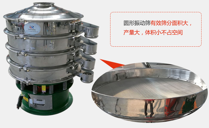 圓形振動(dòng)篩有效篩分面積大，產(chǎn)量大，體積小不占空間。