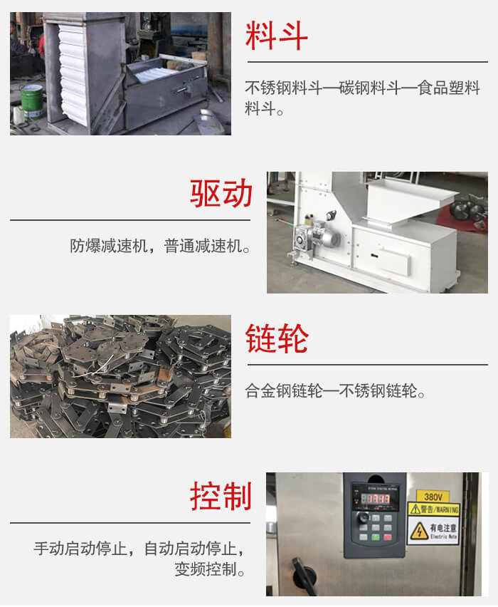 z型斗式提升機(jī)料斗：不銹鋼料斗-碳鋼料斗-食品塑料料斗。驅(qū)動(dòng)裝置采用的式防爆減速機(jī)，普通減速機(jī)兩種。鏈輪采用合金鏈輪-不銹鋼鏈輪控制器：手動(dòng)啟動(dòng)/停止，以及自動(dòng)啟動(dòng)停止。