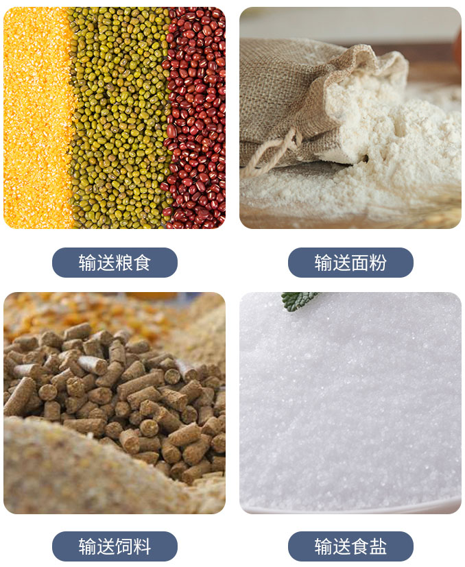 糧食螺旋輸送機(jī)可輸送糧食，面粉，飼料，食鹽等物料。