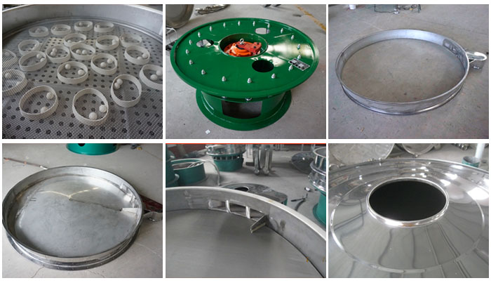 大型旋振篩細節(jié)：大型旋振篩篩網(wǎng)，大型旋振篩篩框，大型旋振篩防塵蓋。