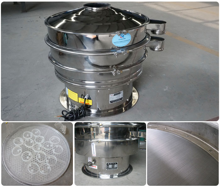 1000型全不銹鋼振動(dòng)篩細(xì)節(jié)展示：振動(dòng)篩網(wǎng)，震動(dòng)篩底座，振動(dòng)篩篩網(wǎng)。