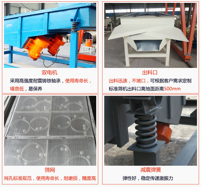 1030直線振動(dòng)篩雙電機(jī)采用高強(qiáng)度耐震鑄鐵軸承使用壽命長(zhǎng)、噪音低，易保養(yǎng)；出料口排料迅速，不堵口，可根據(jù)客戶需求定制，標(biāo)準(zhǔn)機(jī)器出料口離地面距離500mm;篩網(wǎng)網(wǎng)孔標(biāo)準(zhǔn)規(guī)范、使用壽命長(zhǎng)，耐磨損、精度高；減震彈簧：彈性好，穩(wěn)定傳遞激振力。