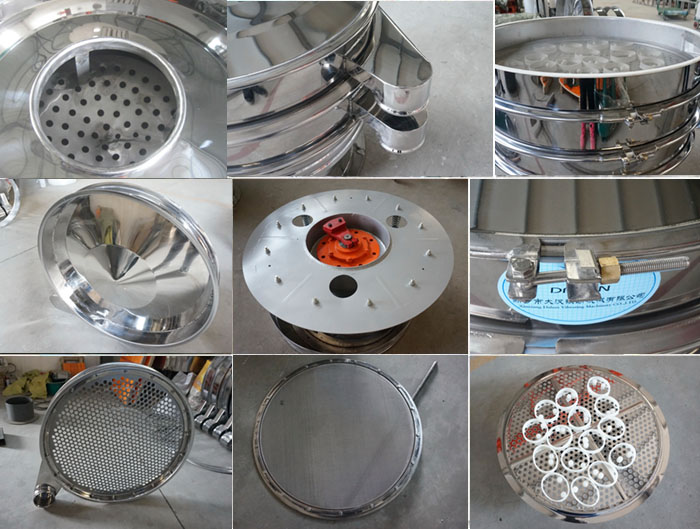 里外剖光振動篩細(xì)節(jié)：防塵蓋拋光效果，篩框拋光效果，振動篩底座拋光效果，振動篩網(wǎng)架拋光效果等。