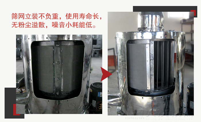 氣流篩采用立式篩網(wǎng)，不受物料的沖擊力的影響，篩網(wǎng)使用壽命長