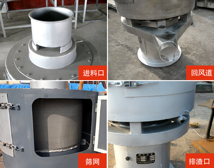 氣流篩分機(jī)進(jìn)料口，回風(fēng)道，篩網(wǎng)，排渣口。