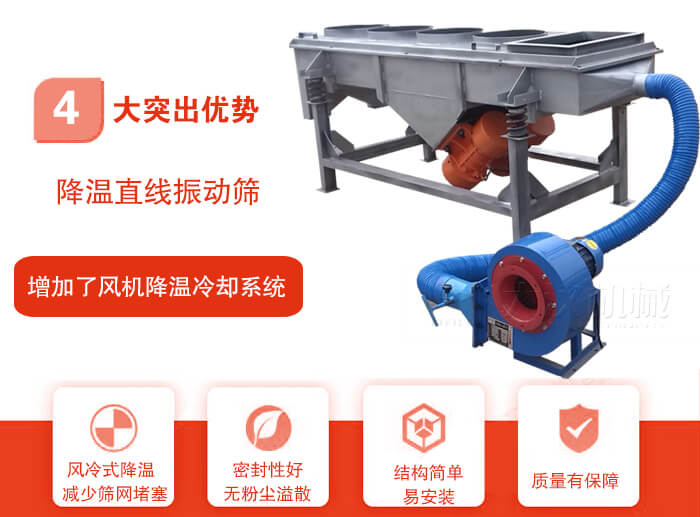 降溫直線振動篩性能特點：1，技術成熟，質量可靠，篩分精度高，處理量大。2，風冷式降溫系統設計，快速有效降溫。3，適用范圍廣，可應用于各種需要降溫的物料。4，設計精巧合理，結構簡單，易安裝，耗能少，噪音低5，篩網使用壽命長，換網更方便，快捷6，設備整體密封性好，無粉塵溢散。