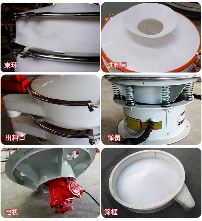 塑料防腐蝕振動(dòng)篩細(xì)節(jié):進(jìn)料口，框體，網(wǎng)架底框，出料口等。