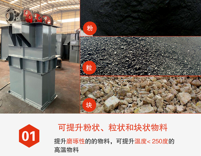斗式提升機(jī)能夠提升的物料種類比較多大致可分：粉，粒，塊等多種類型。