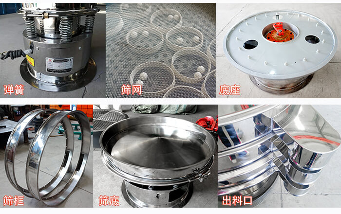 細節(jié)展示：篩框，篩網(wǎng)，振動底座，振動體，出料口。